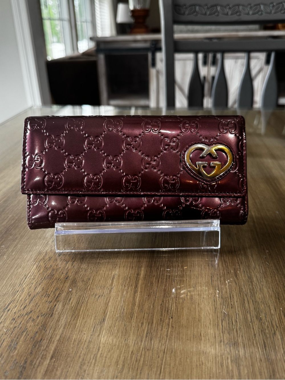 Gucci GG Lovely Heart Continental Wallet in Pink Patent Guccissima Leather